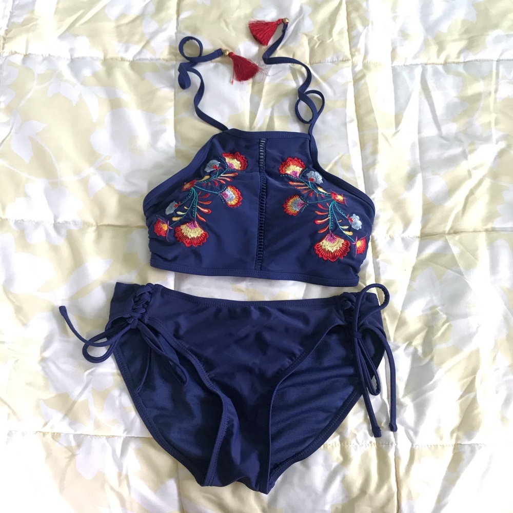 Navy Bikini Set with Floral Detailing